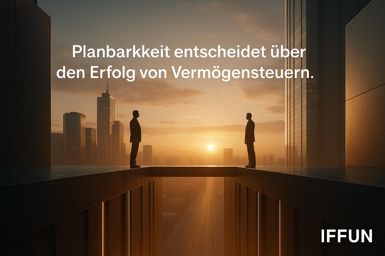 Zwei Menschen stehen auf einer Brücke im Sonnenuntergang.