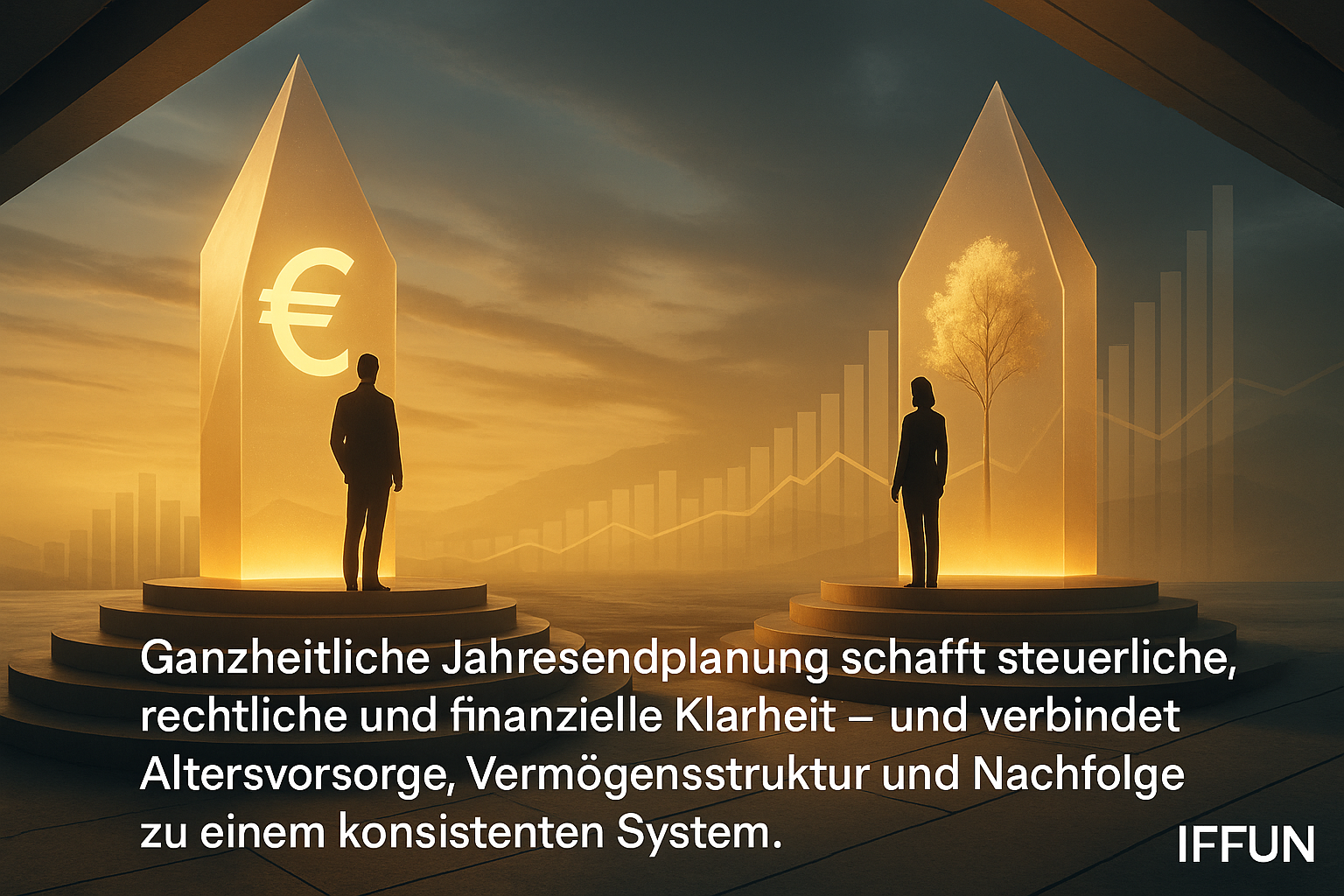 Silhouetten vor Diagrammen und Eurozeichen bei Sonnenuntergang