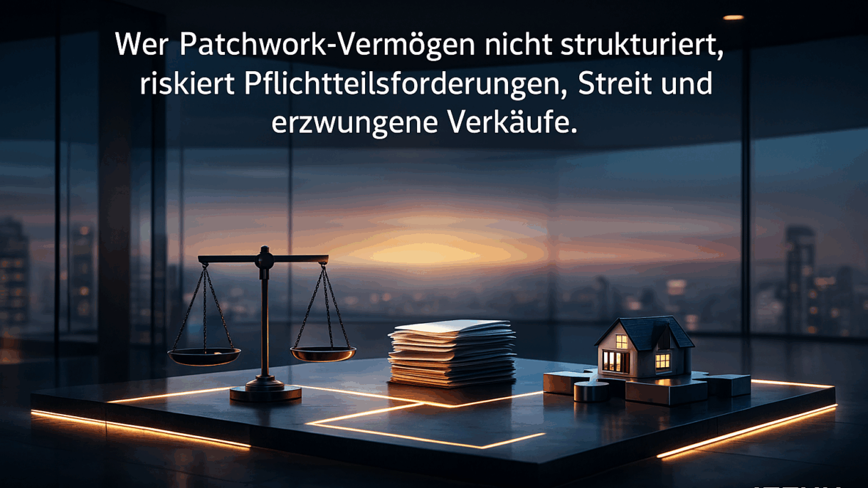 Waage, Dokumente und Haus bei Sonnenuntergang.