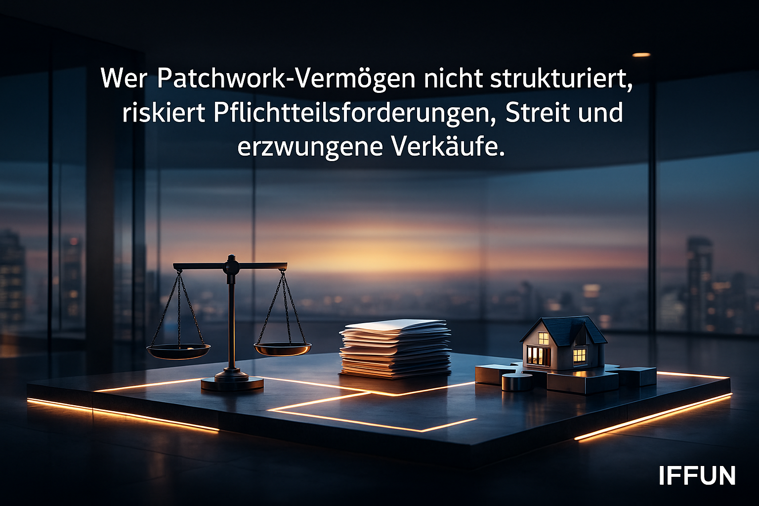 Waage, Dokumente und Haus bei Sonnenuntergang.