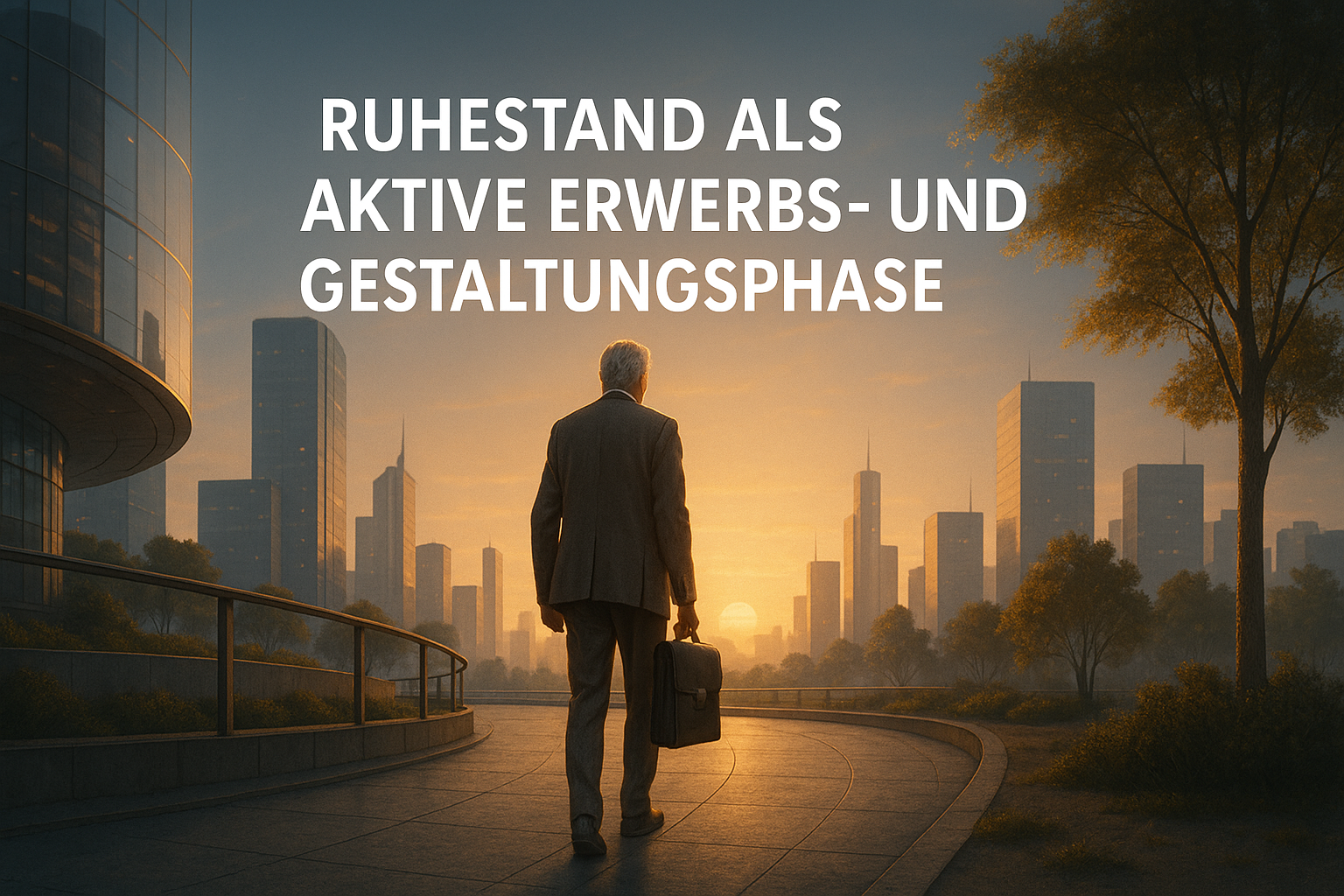 Mann spaziert in der Stadt zum Sonnenuntergang.