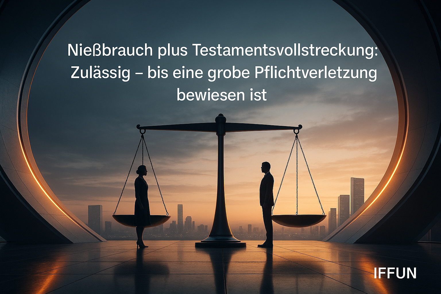 Silhouette von Personen neben einer riesigen Waage