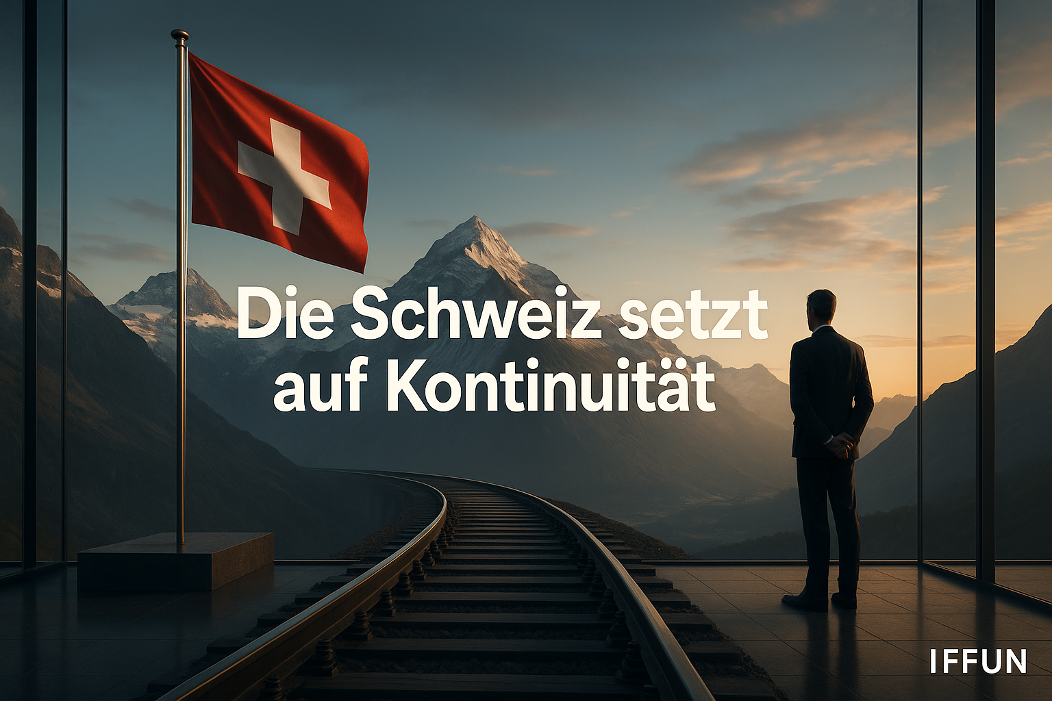 Mann, Schweiz Flagge, Berge, Zugstrecke, Kontinuität.