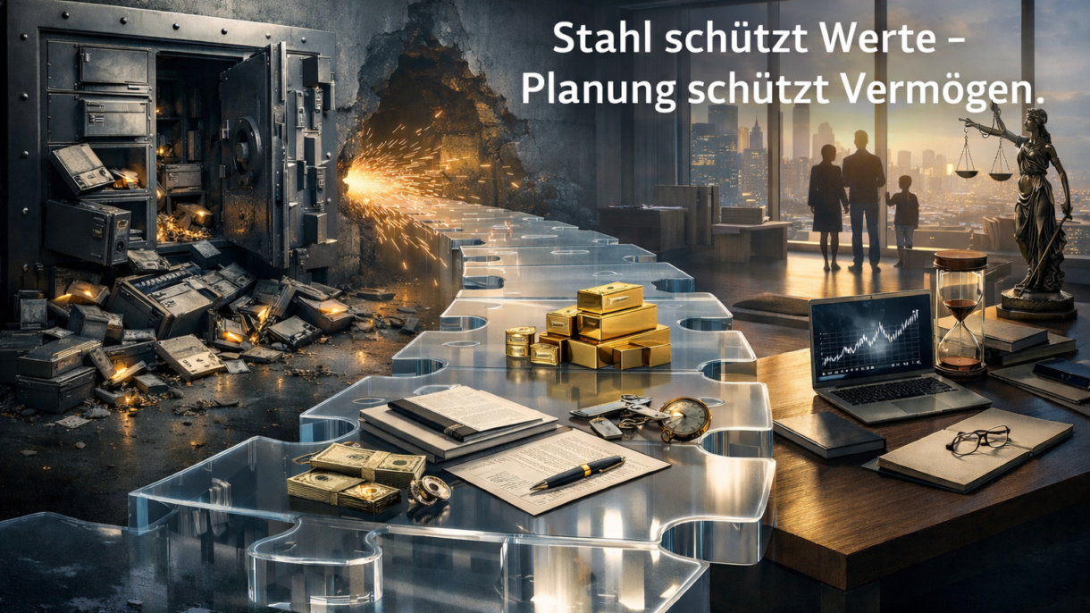 Tresorraum mit Gold und Finanzplanungstools.