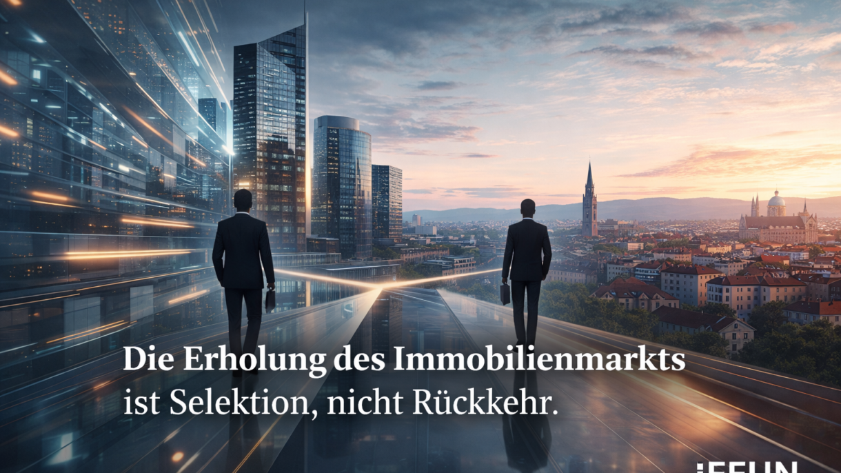 Männer auf Brücke mit Stadt und Hochhäusern bei Dämmerung.