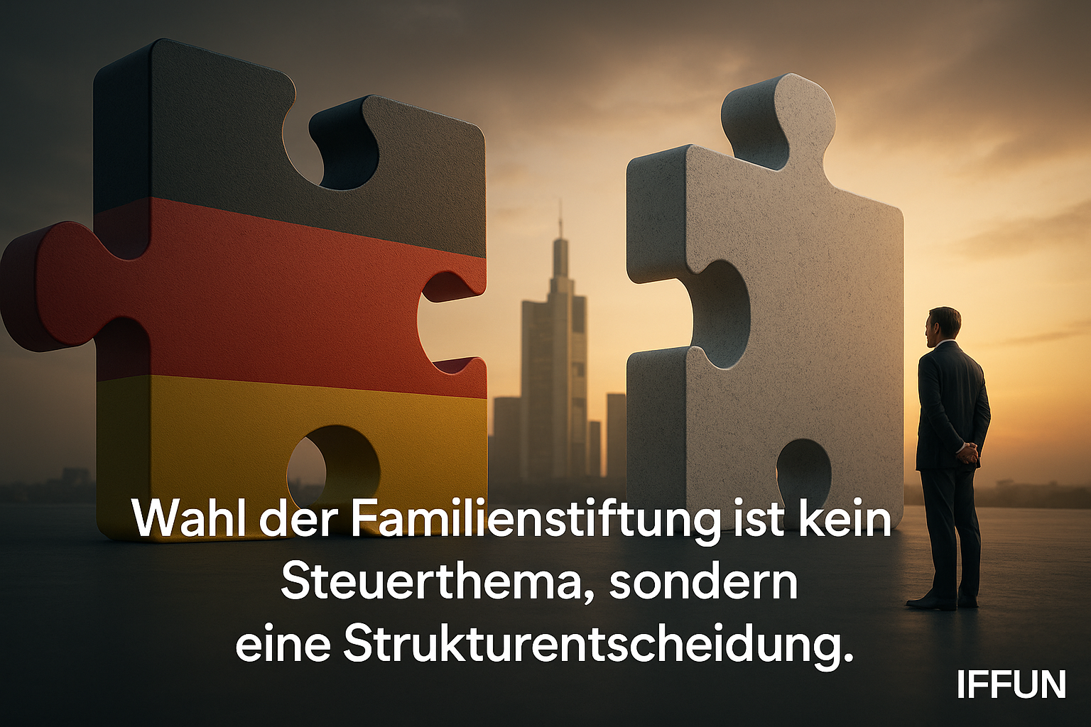 Mann vor riesigen Puzzleteilen in Stadt.