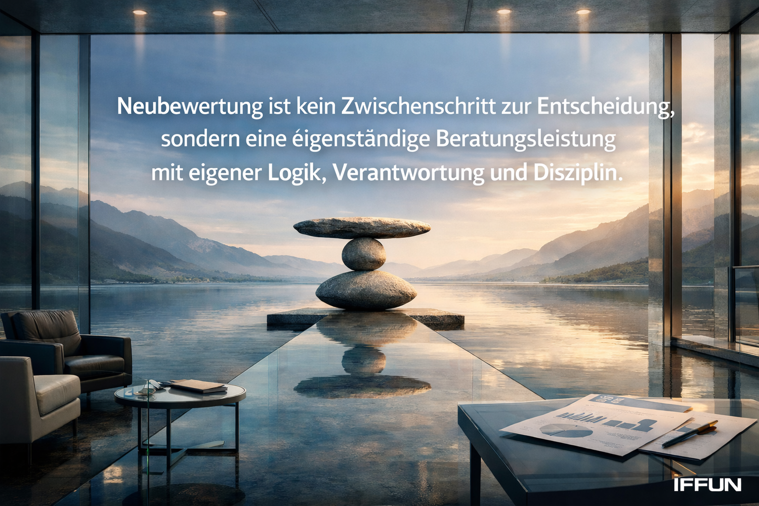 Moderne, minimalistische Lounge mit Seeblick und Zen-Steinen.