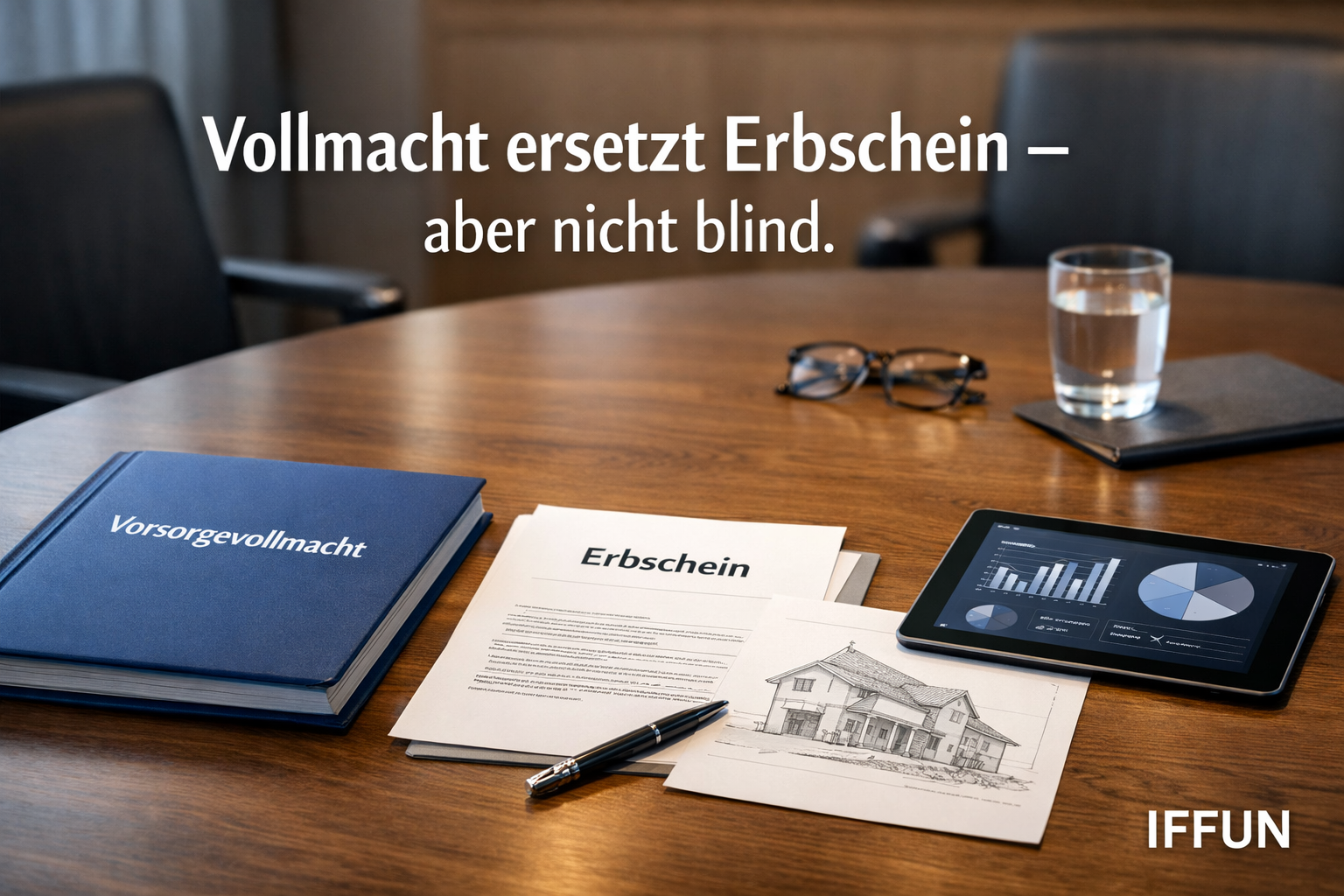 Tisch mit Dokumenten, Brille, Tablet und Wasser.