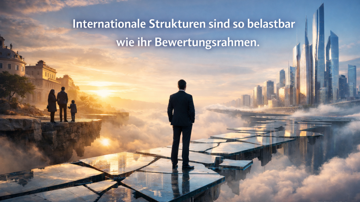 Personen auf zerbrochenem Weg zwischen alten und neuen Gebäuden.