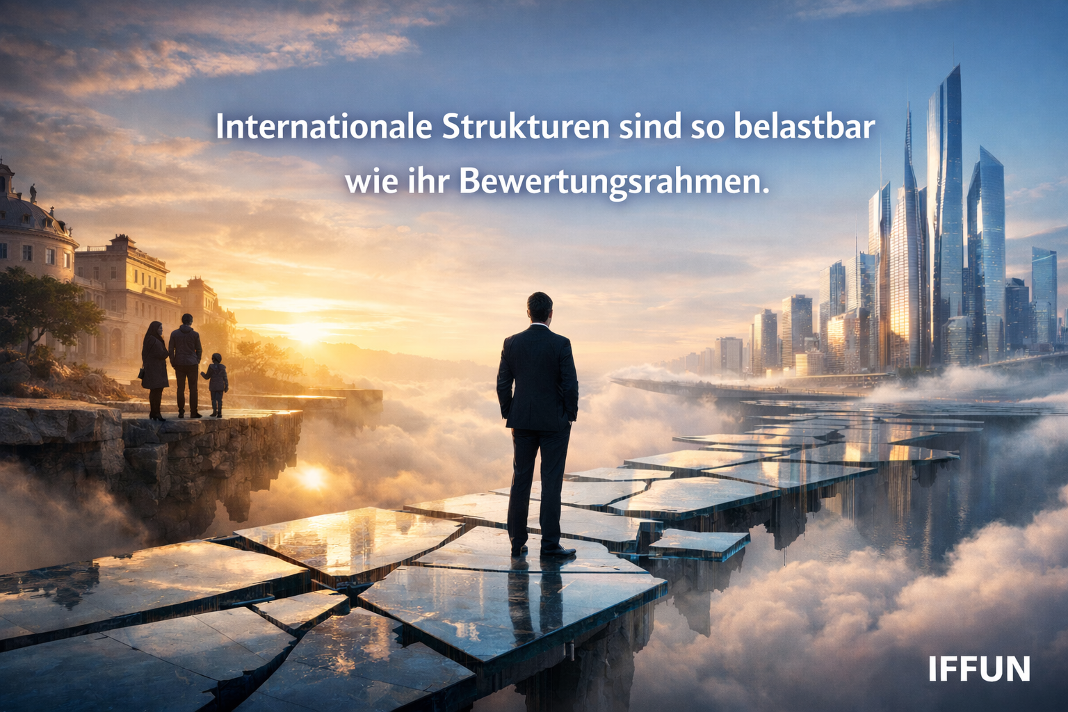 Personen auf zerbrochenem Weg zwischen alten und neuen Gebäuden.