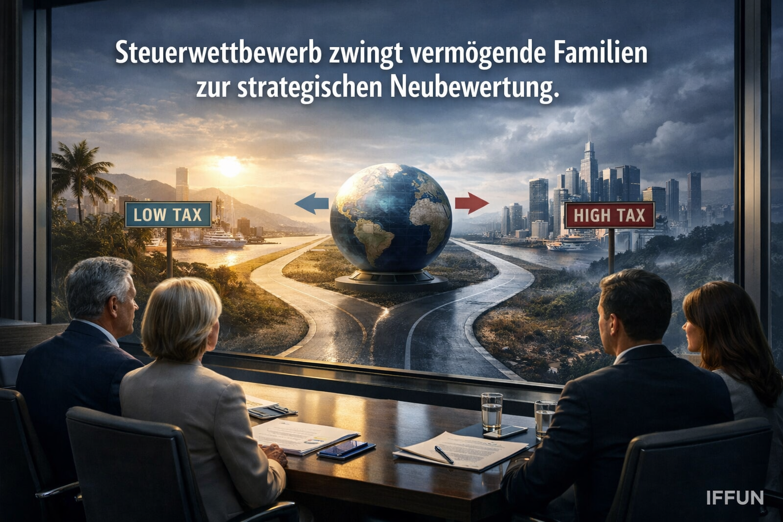 Steuerstrategien: Globus, Städte, Entscheidung im Konferenzraum.