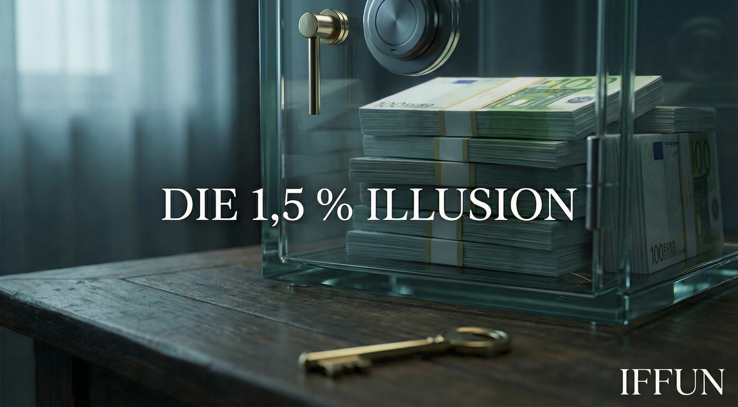 Geldbündel im Safe mit der Aufschrift: 1,5% Illusion.