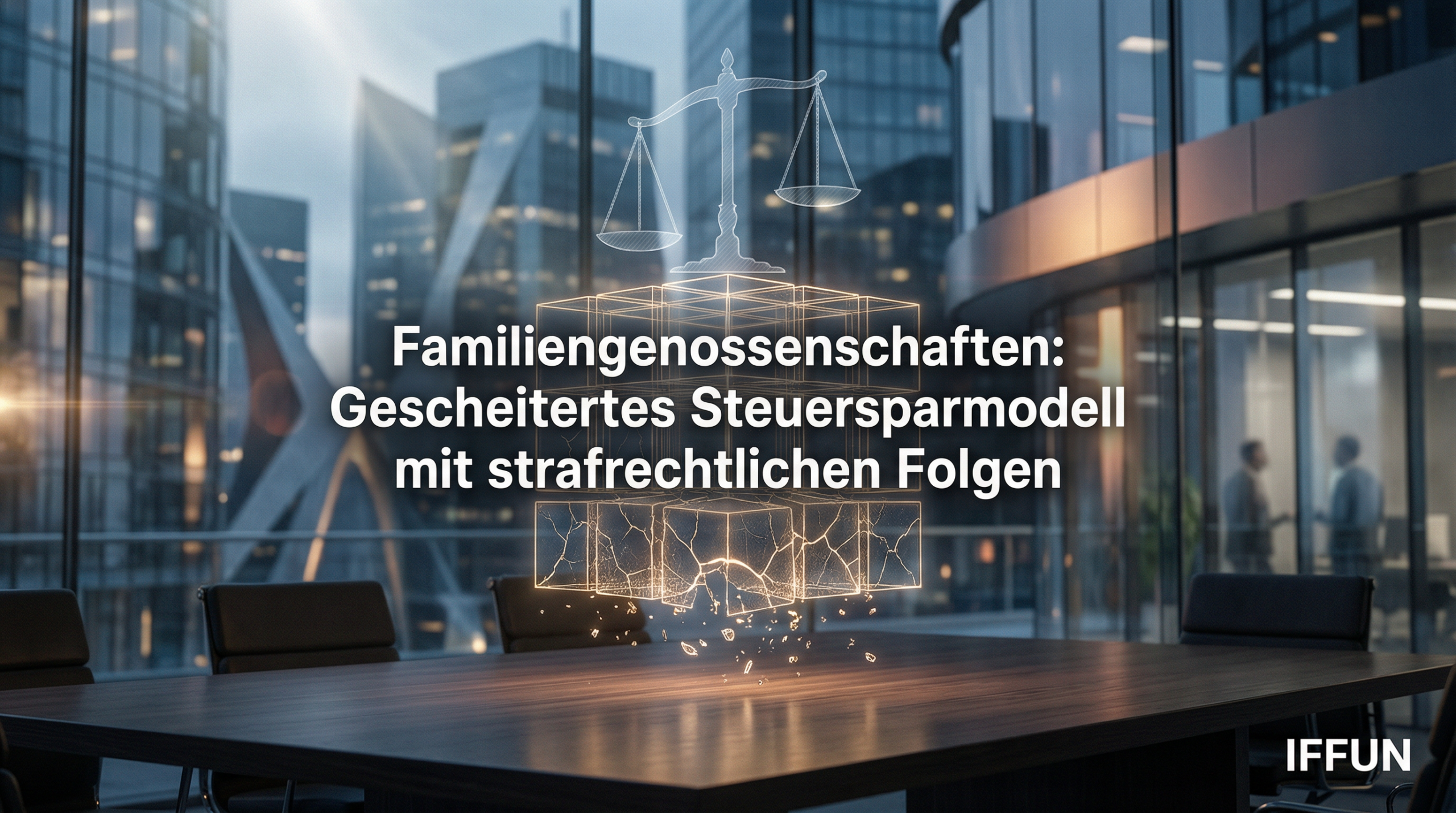 Waage und zerbrochener Würfel in Konferenzraum