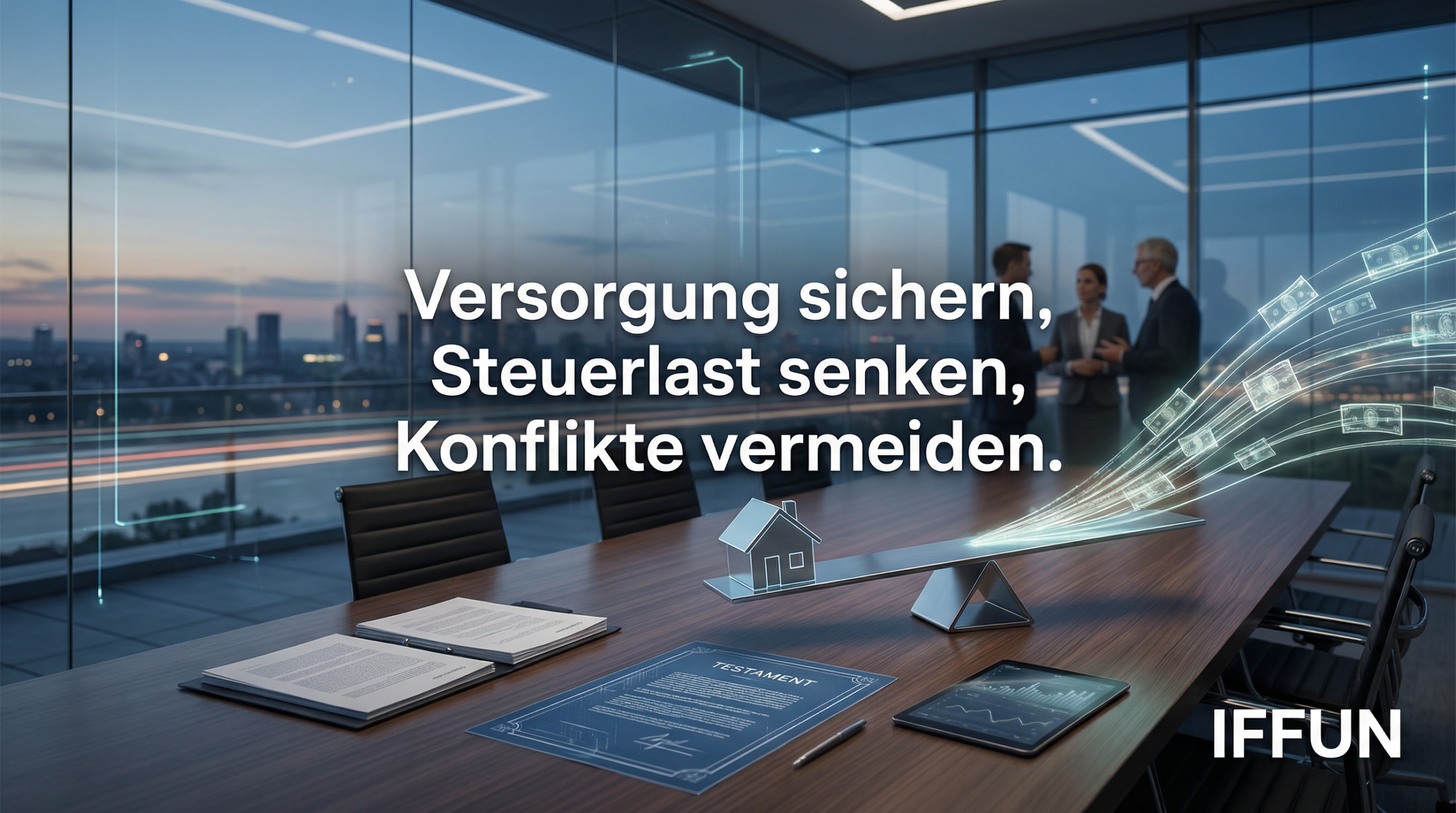 Geschäftsbesprechung mit Finanzdokumenten und Stadtaussicht