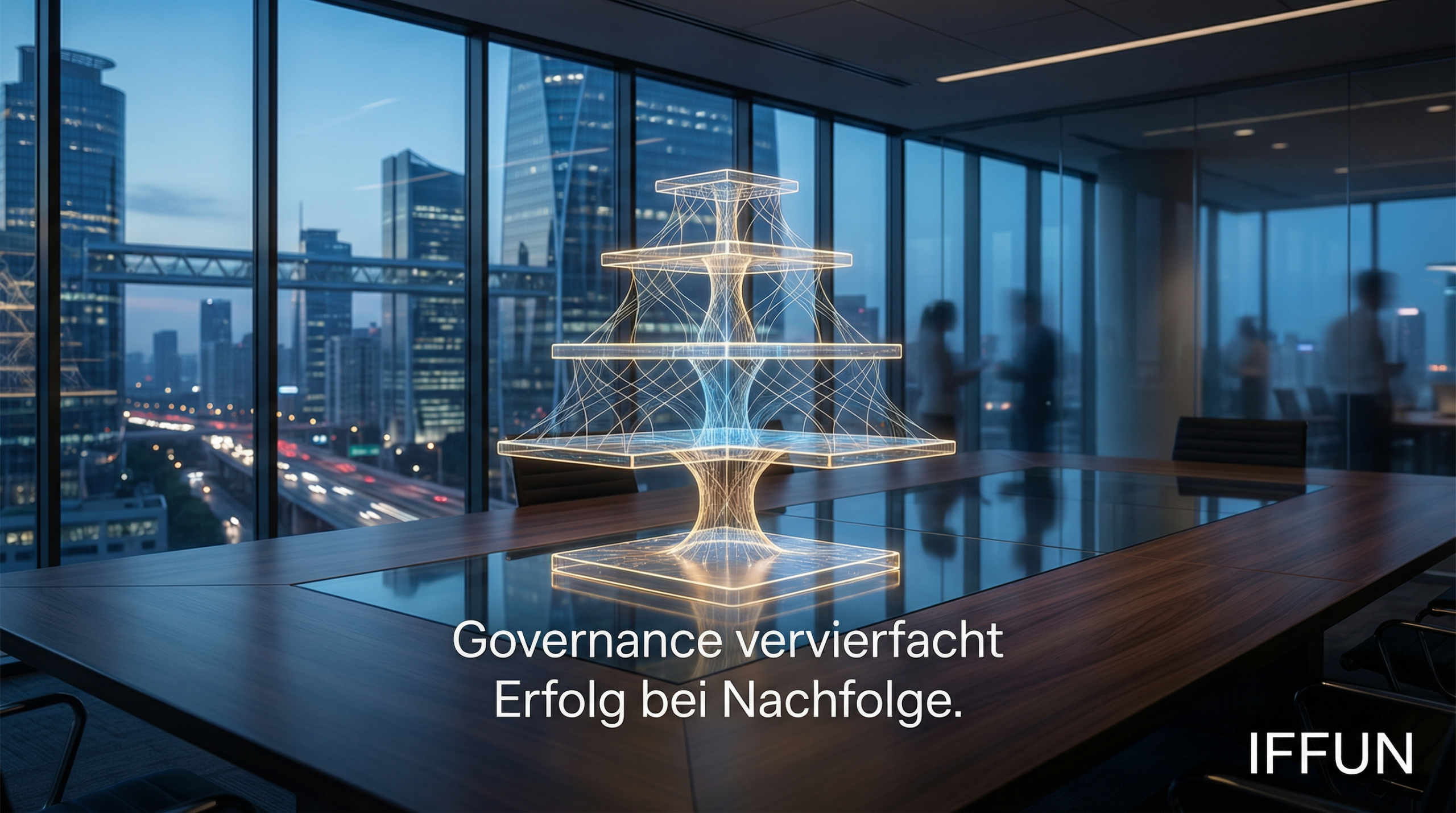 Holografische Pyramide in modernem Konferenzraum