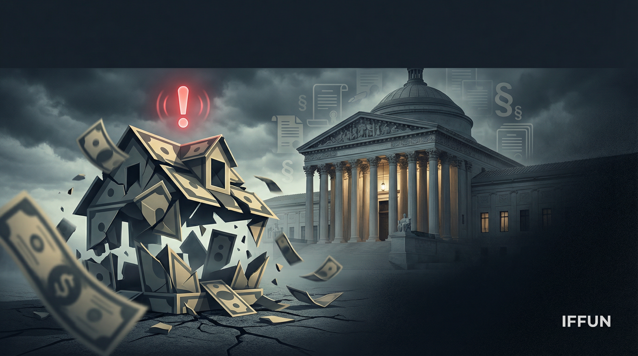 Geldhaus vor Regierungsgebäude und Ausrufezeichen