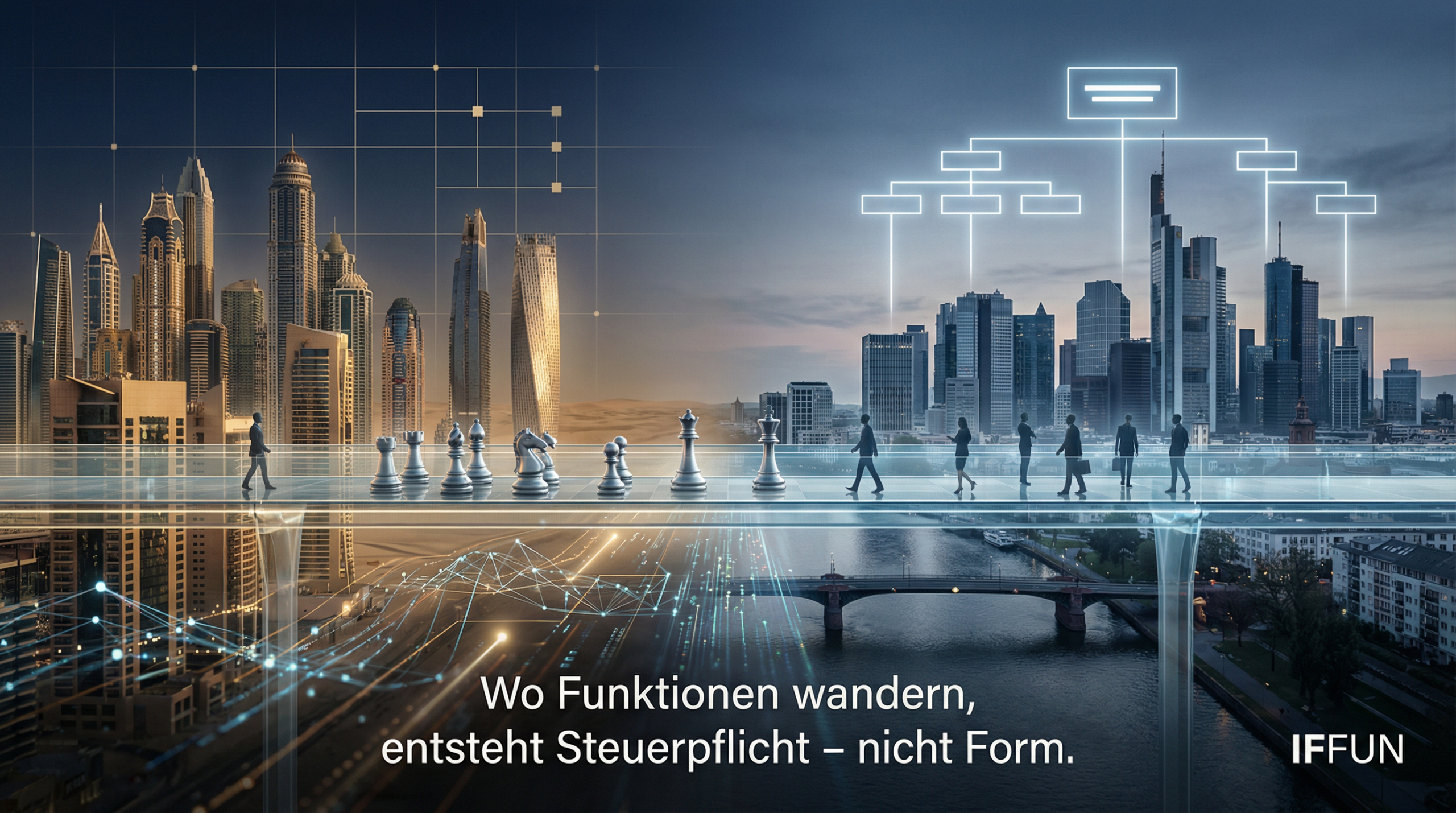 Geschäftsleute, Schachfiguren, Wolkenkratzerskyline