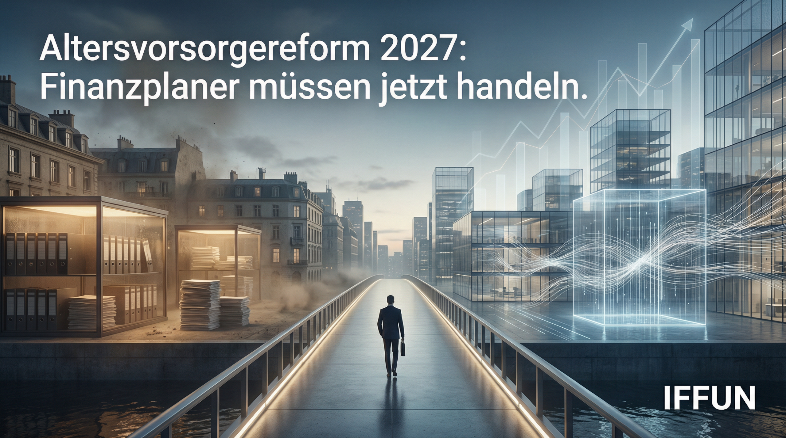 Mann auf Brücke zwischen alter und neuer Stadt