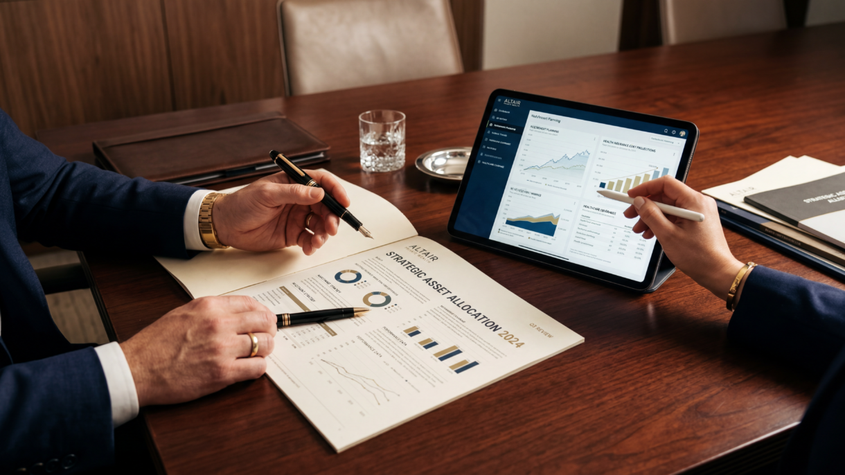 Geschäftsleute analysieren Finanzberichte und Diagramme am Tisch