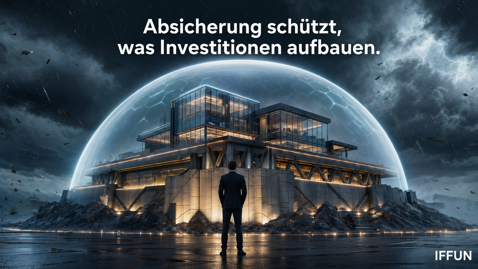 Modernes Gebäude unter Schutzkuppel im Sturm