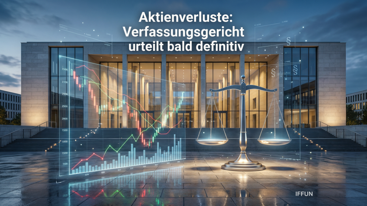 Gericht mit Aktienchart und Waage