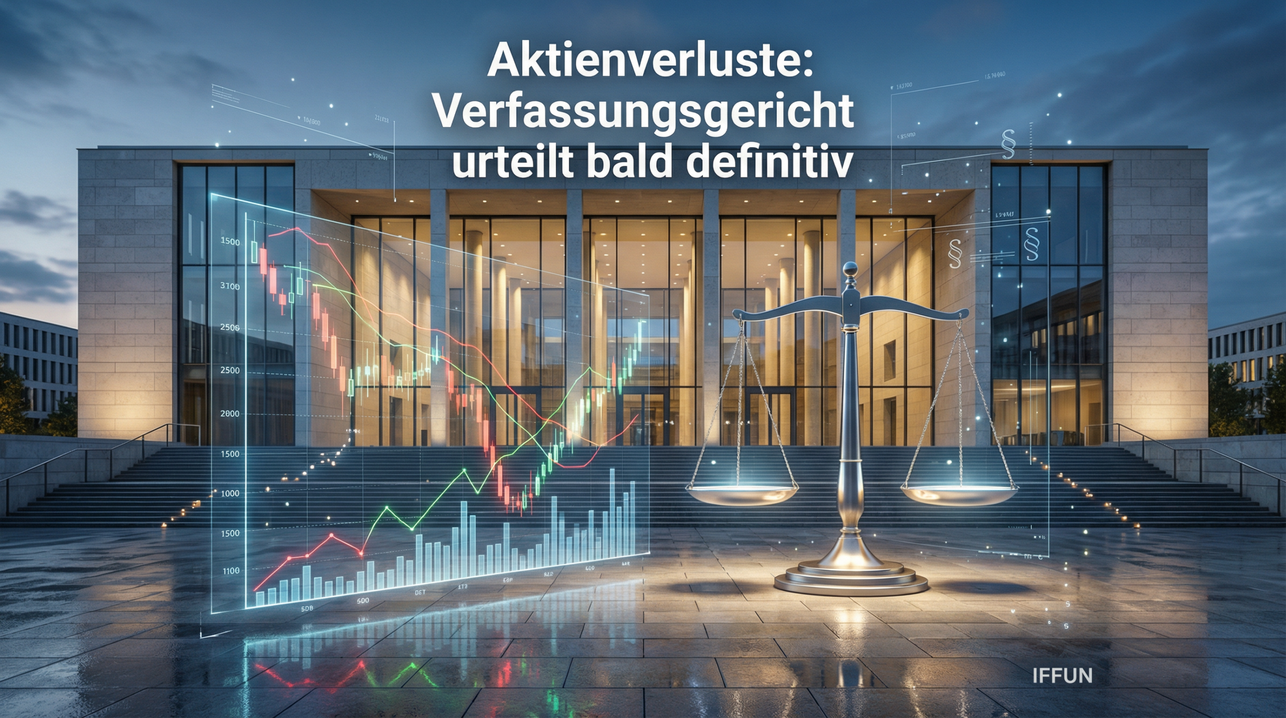 Gericht mit Aktienchart und Waage