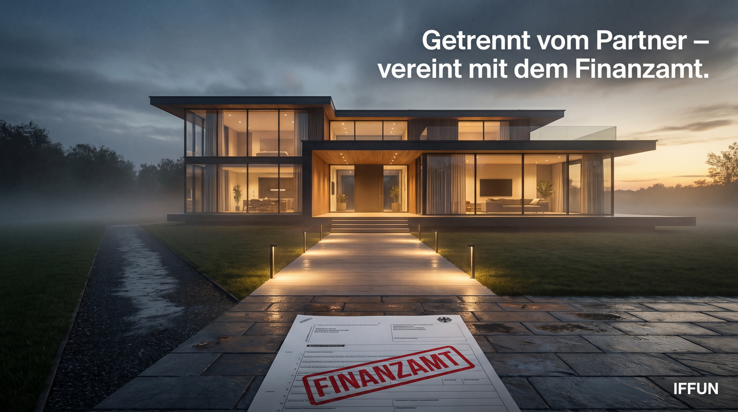 Modernes Haus mit Steuerbescheid vom Finanzamt