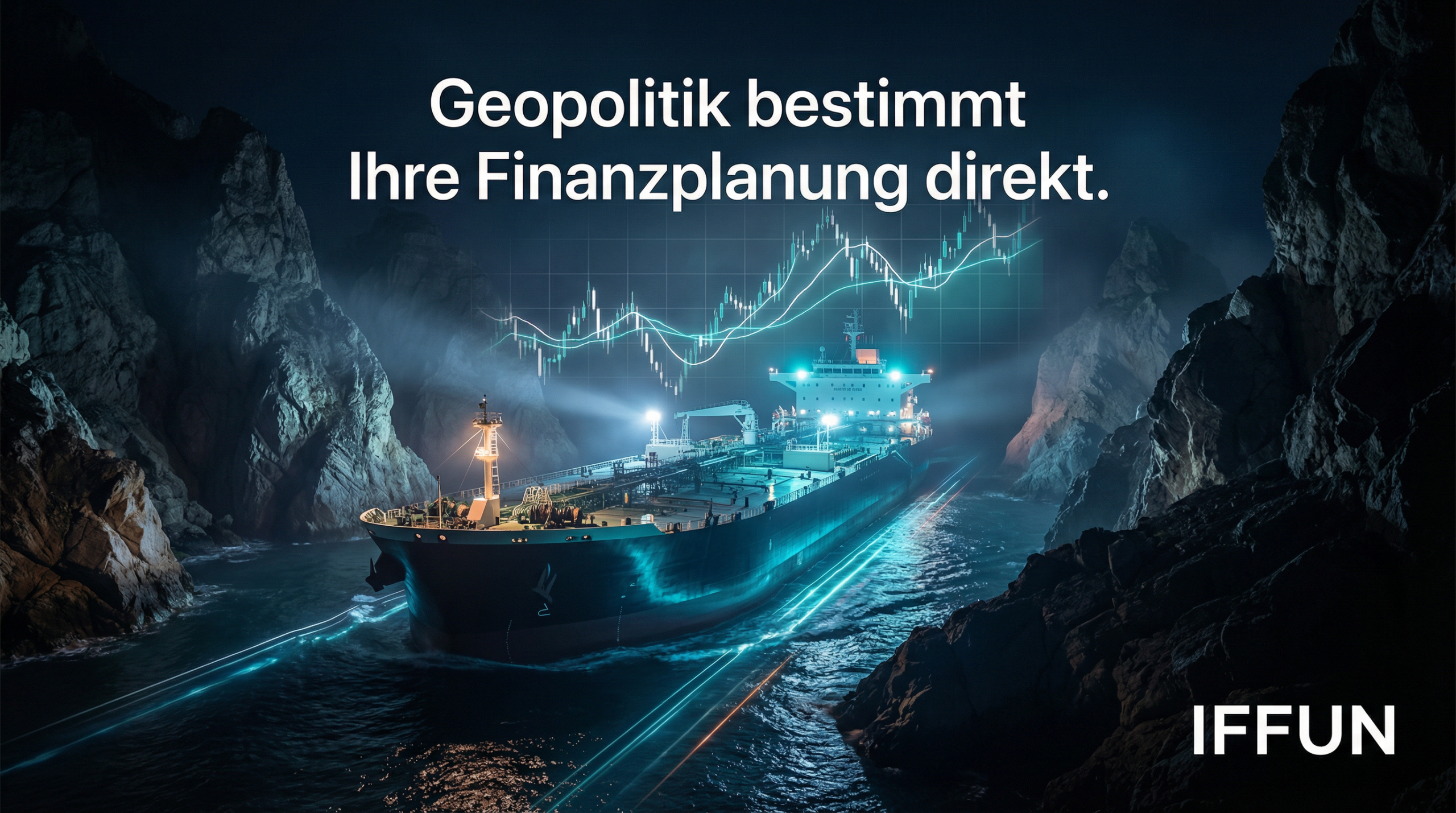 Frachtschiff im Felskanal mit Finanzdiagramm-Overlay