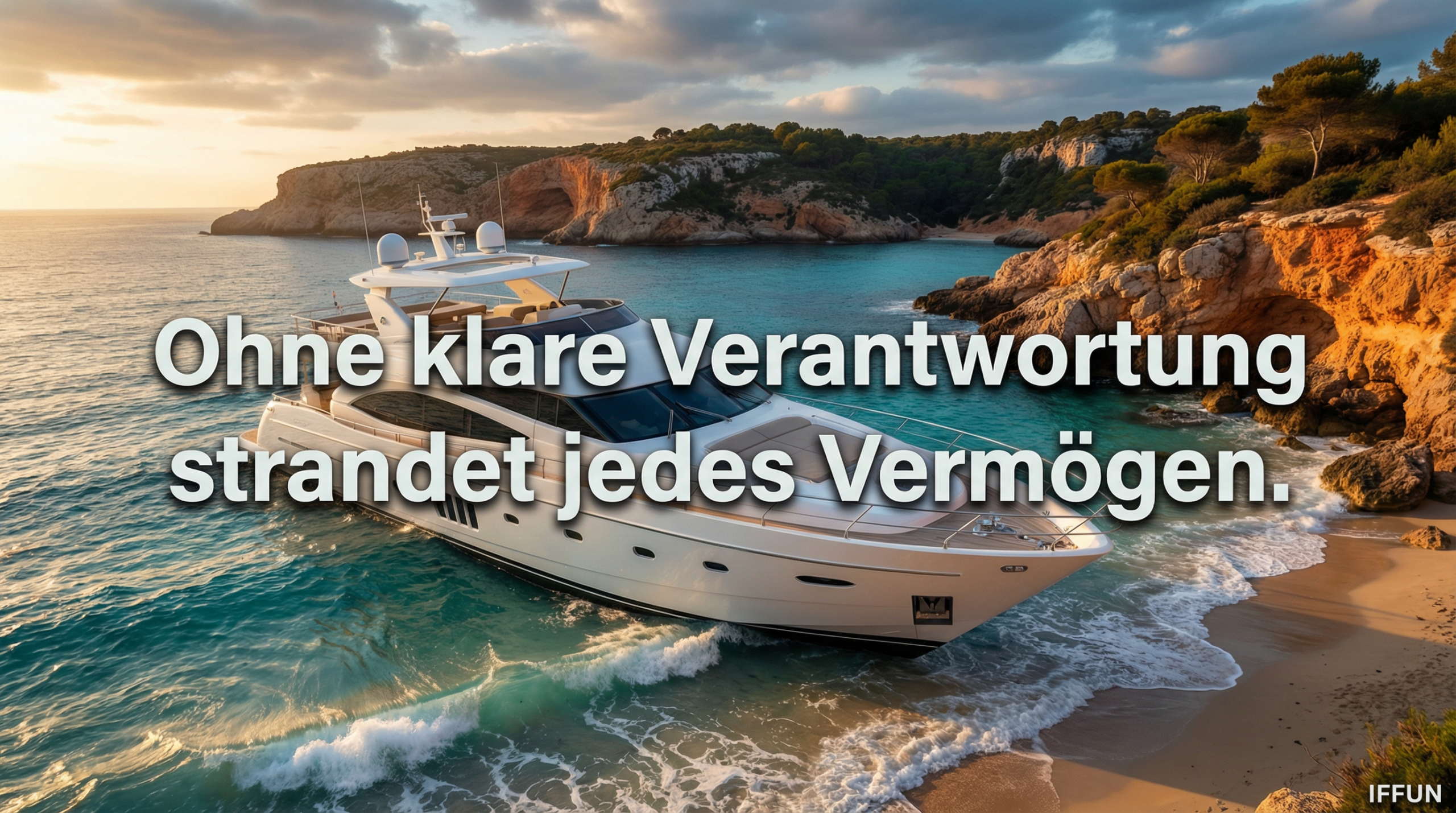 Luxusyacht am Strand bei Sonnenuntergang