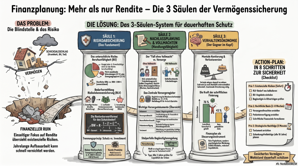 Infografik Finanzplanung mit drei Säulen der Vermögenssicherung