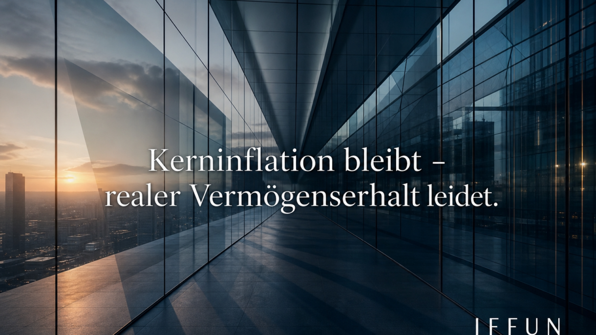 Glasfassade mit Skyline und Text zur Kerninflation