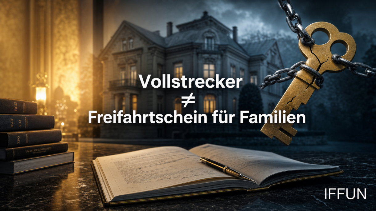Zerbrochener Schlüssel vor Villa und Gesetzbuch
