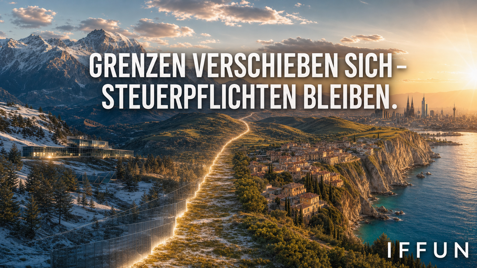 Berglandschaft trifft Küstenstadt mit leuchtender Grenzlinie