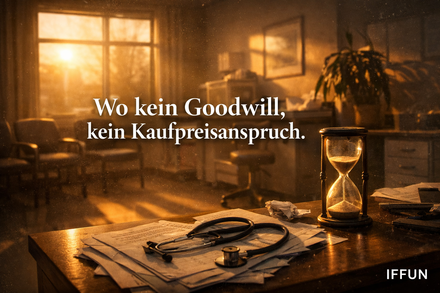 Arztpraxis bei Sonnenuntergang mit Sanduhr und Stethoskop