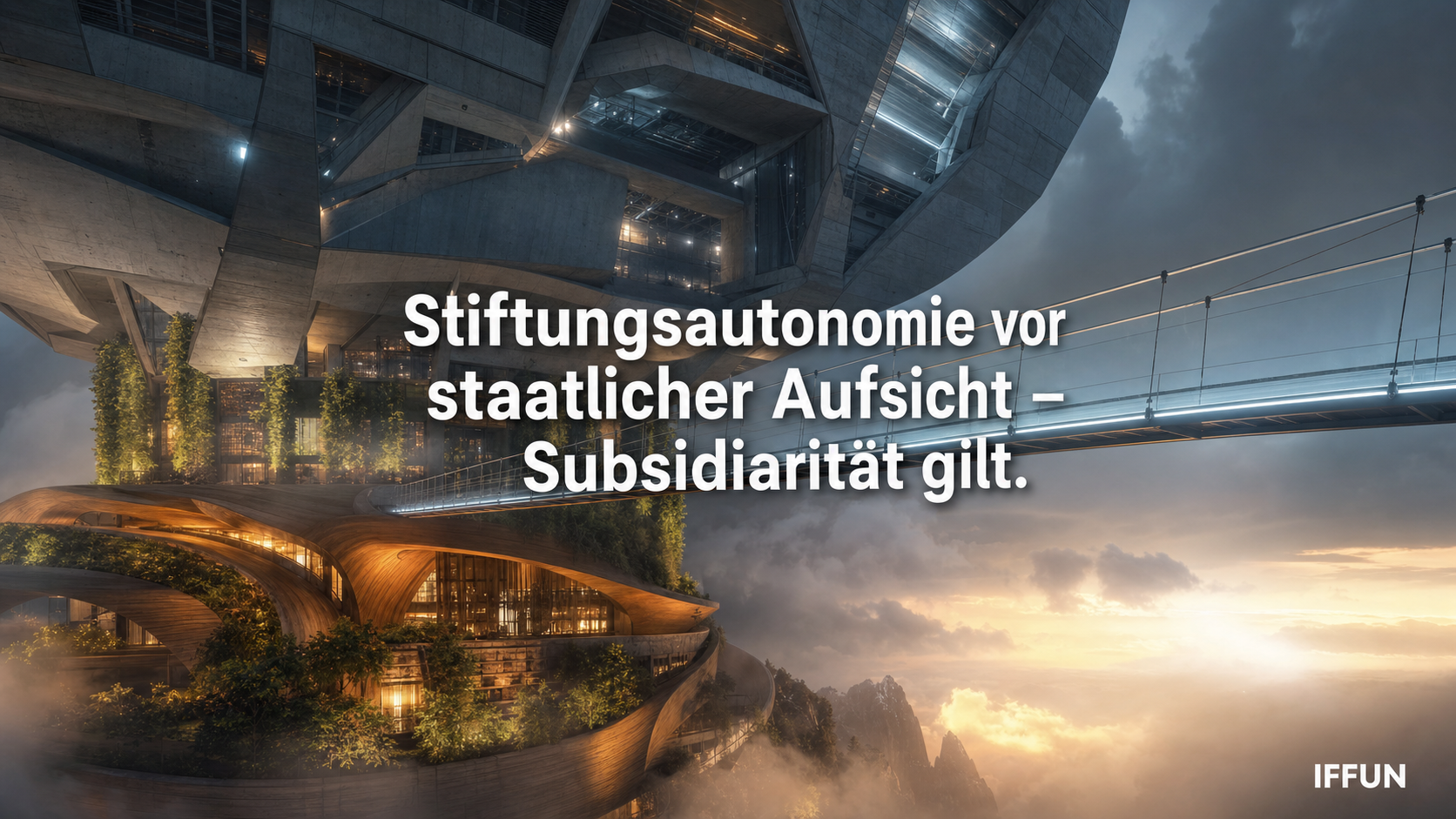 Futuristisches Gebäude mit Brücke über den Wolken