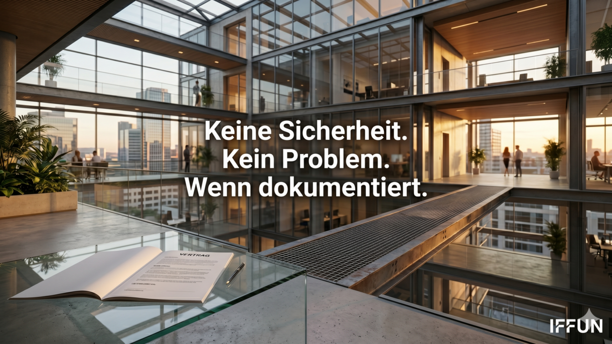 Modernes Bürogebäude mit Vertrag und Slogan zur Dokumentation