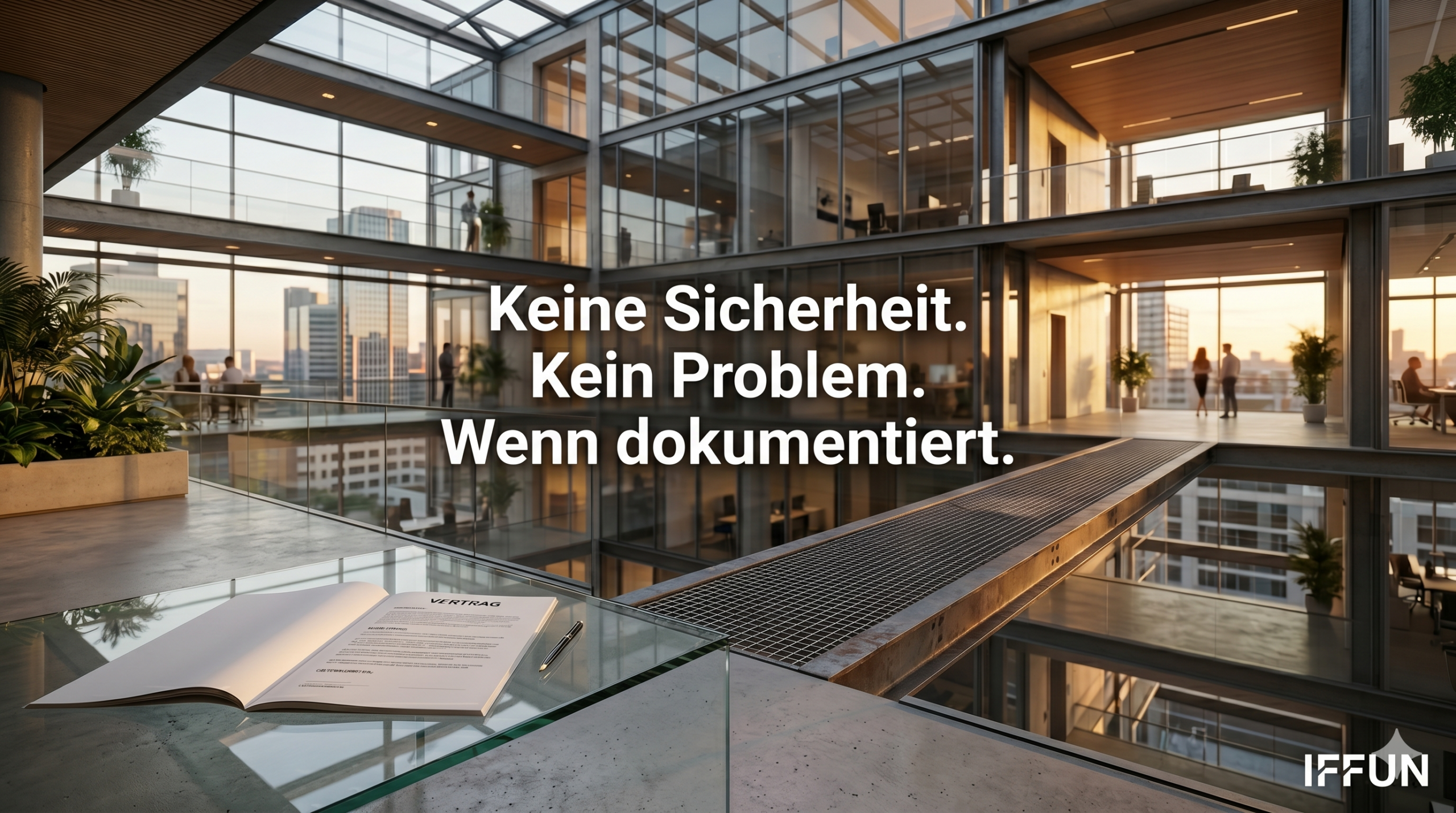 Modernes Bürogebäude mit Vertrag und Slogan zur Dokumentation