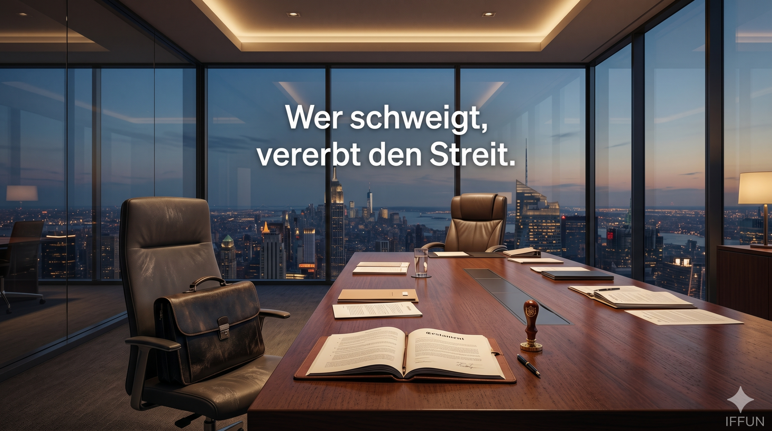 Konferenzraum mit Testament und Skyline bei Abenddämmerung