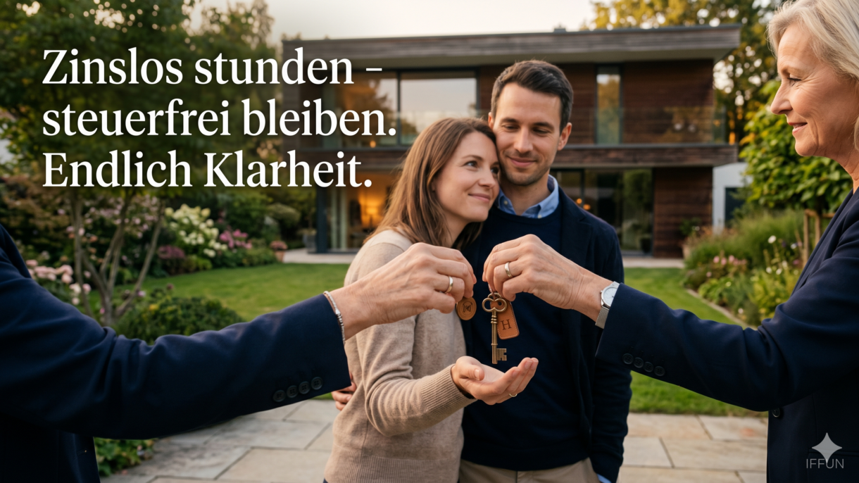 Paar erhält Hausschlüssel vor modernem Einfamilienhaus