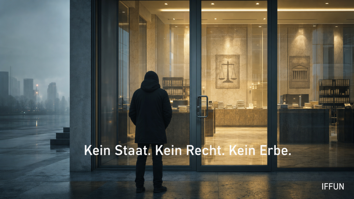 Person vor beleuchtetem Anwaltsbüro bei Nacht