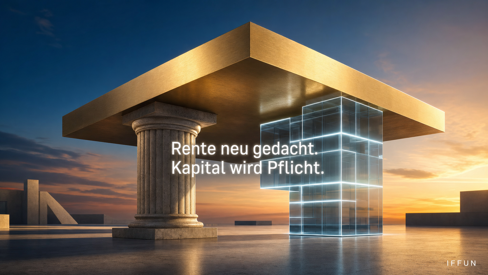 Gläsernes Eurozeichen neben klassischer Säule bei Sonnenuntergang