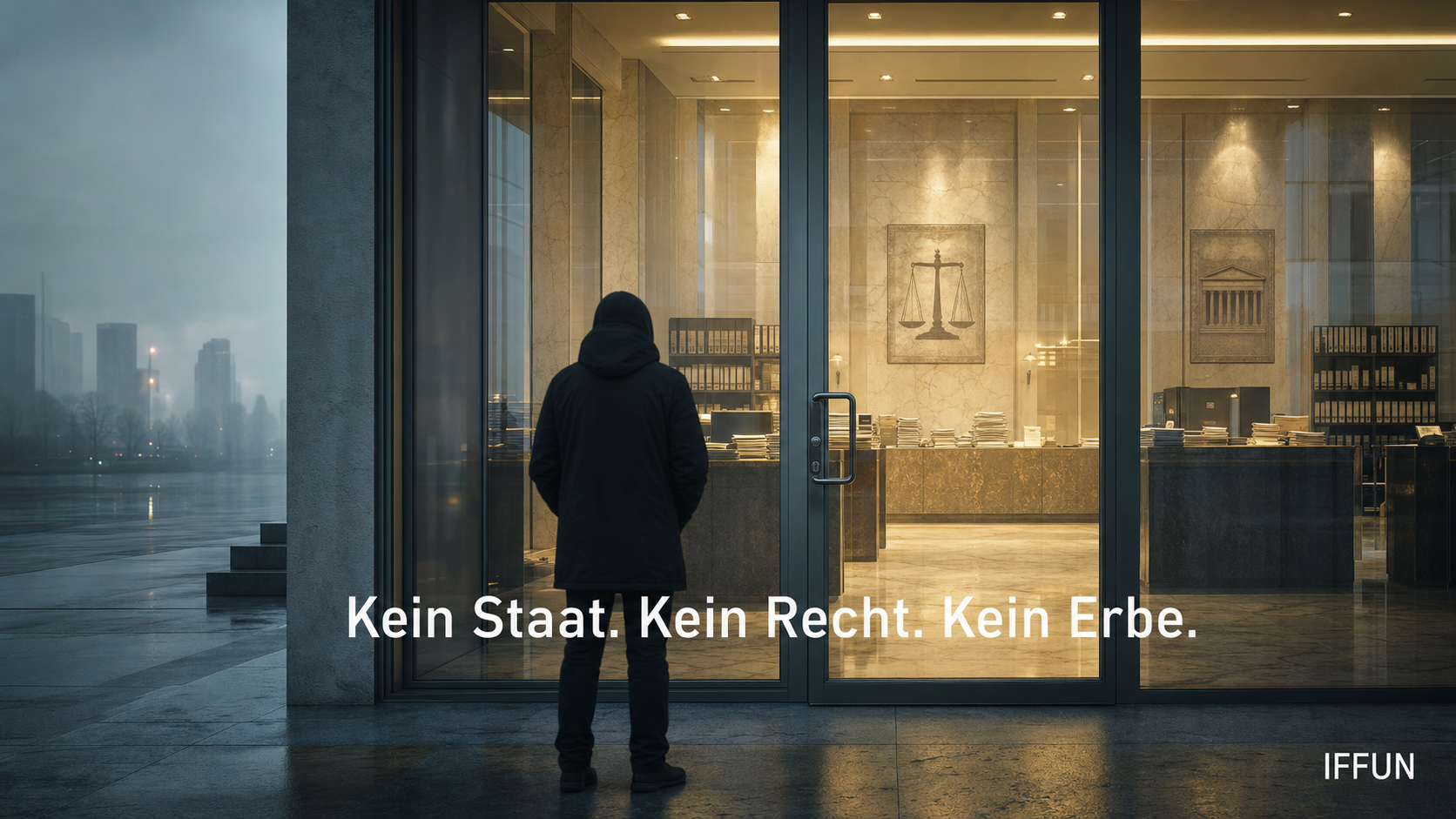 Person vor beleuchtetem Anwaltsbüro bei Nacht