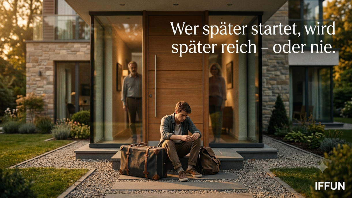 Junger Mann mit Koffer vor modernem Haus