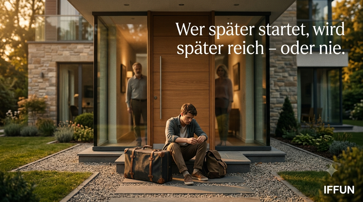 Junger Mann mit Koffer vor modernem Haus